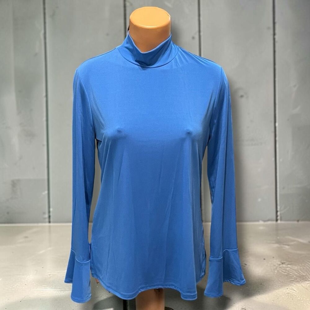 👓 Kaari Blue City Mock Neck Bell Sleeve Top Women’s M Blue NWT